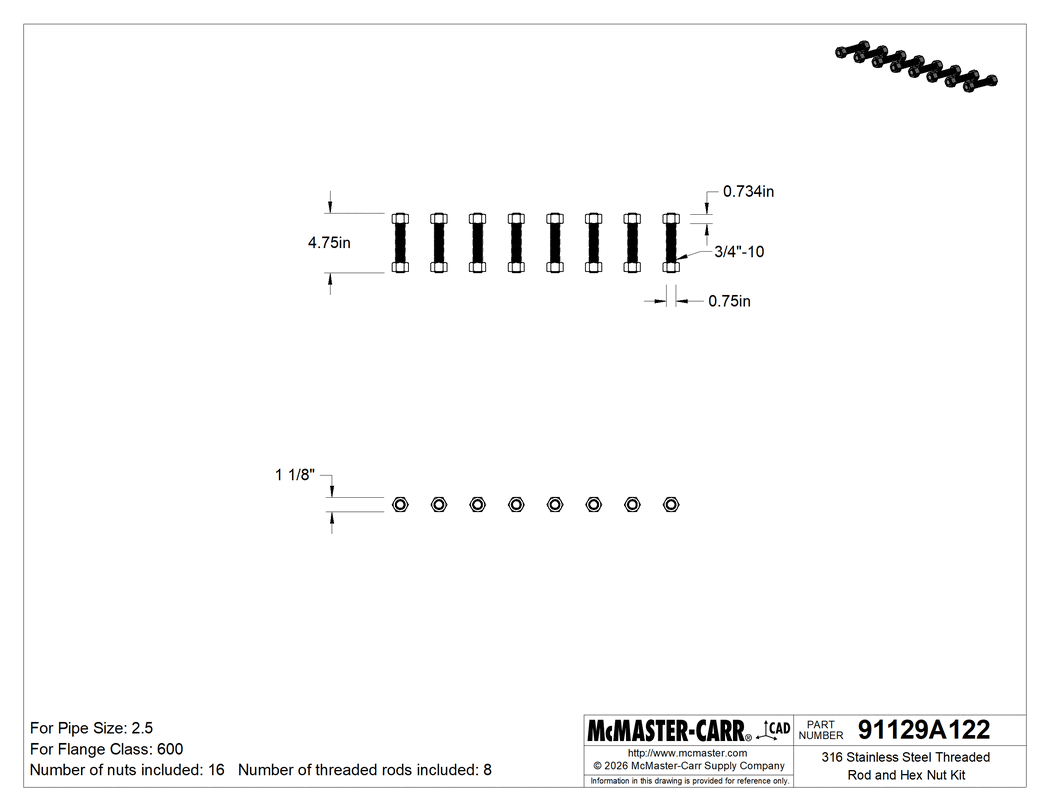 Technical Drawing of 316 Stainless Steel Threaded Rod and Hex Nut Kit, for Class 600 Size 2-1/2 Pipe Flange.